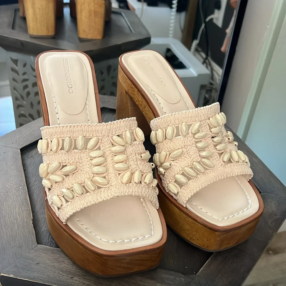 Bernardo Cream Beaded Crochet Platform Sandals